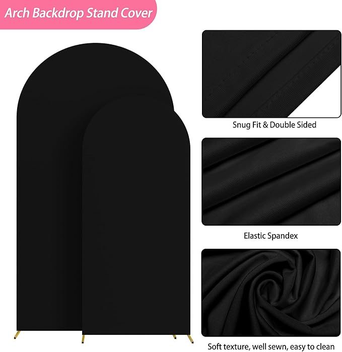 Putros Metal Arch Stand with Cover Set of 2 Black Spandex Fitted Wedding Arch Cover and Round Top Chiara Backdrop Stand for Birthday Party Baby Shower Decoration 7.2FT, 6FT