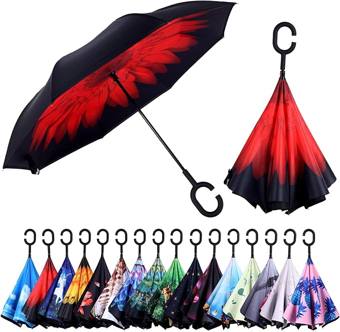 Inverted Umbrella, 49 Inch Double-Layer Vented Reverse Umbrella, Windproof Waterproof UV Protection, Lightweight C-Handle, Fiberglass Ribs, Steel Shaft, Travel/Commute/Car Use, With Sleeve
