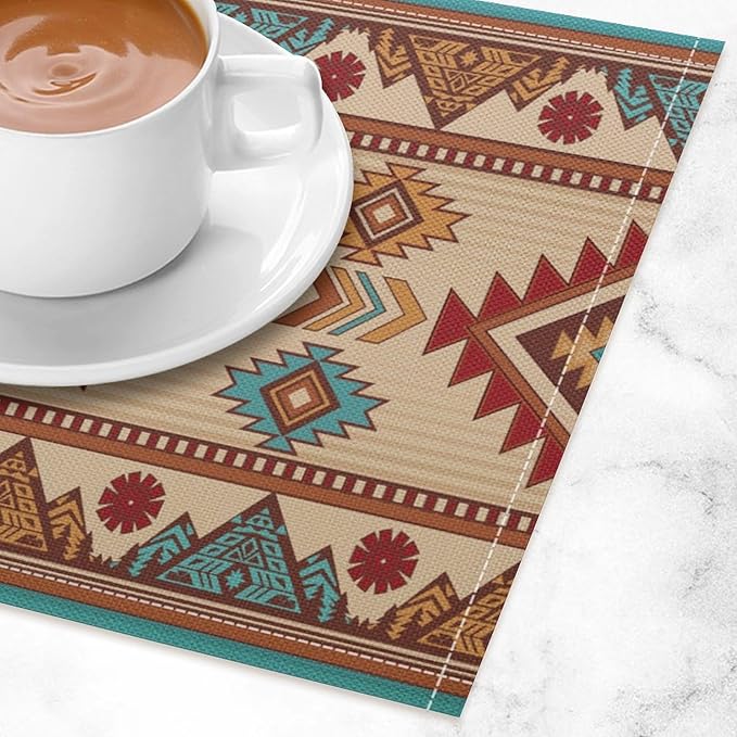 Retro Aztec Placemats Set of 4 Boho Western Native American Tribal Art Printed Dining Table Mats for Restaurant Home Kitchen Holiday Decor 12x18in