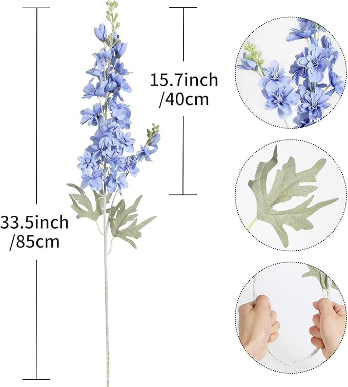 8PCS Blue Delphinium Artificial Flowers for Tall Vase 33.5in Long Stem Larkspur Artificial Flowers Fake Silk Flowers Bulk for Home Wedding Floral Arrangement Centerpiece Table Decoration (Blue)