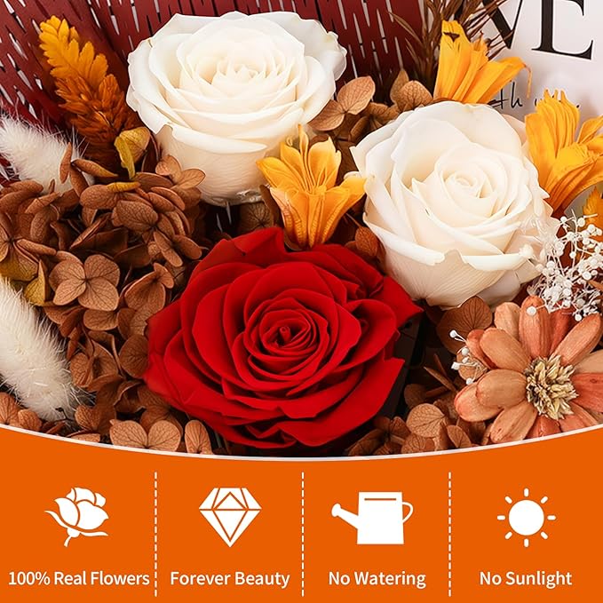 Lewondr Flower for Delivery, Preserved Flowers Bouquet, White Roses Bouquet, Real Long-Lasting Forever Birthday Flowers Gifts for Her Best Friend Mothers Day Christmas Graduation, White-Orange