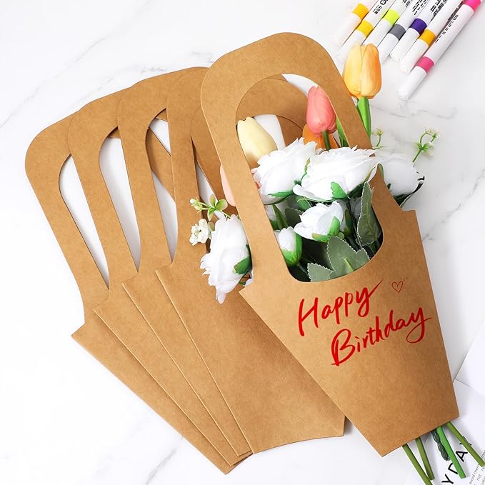PercyEffie 50Pcs flower bags for bouquets Paper flower bags with Handles bouquet wrapping paper Bulk Brown stand accessories flowers bar supplies bouquets holder for Wedding Flowers Shop Home Decora