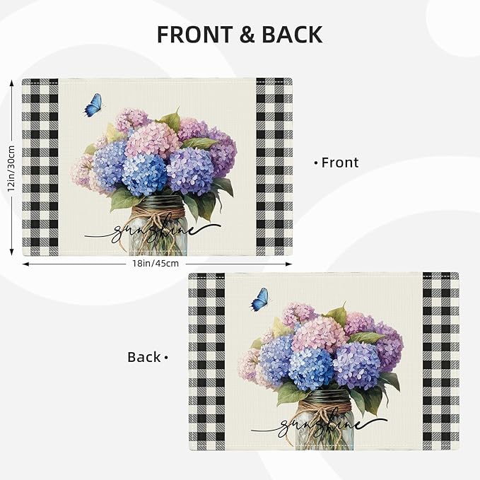 Farmhouse Hydrangea Placemats Set of 4, Country Sunshine Flowers Place Mats, Rustic Spring Butterfly Dining Table Mats, Washable Placemats for Kitchen Dining Room 18L'' × 12W''