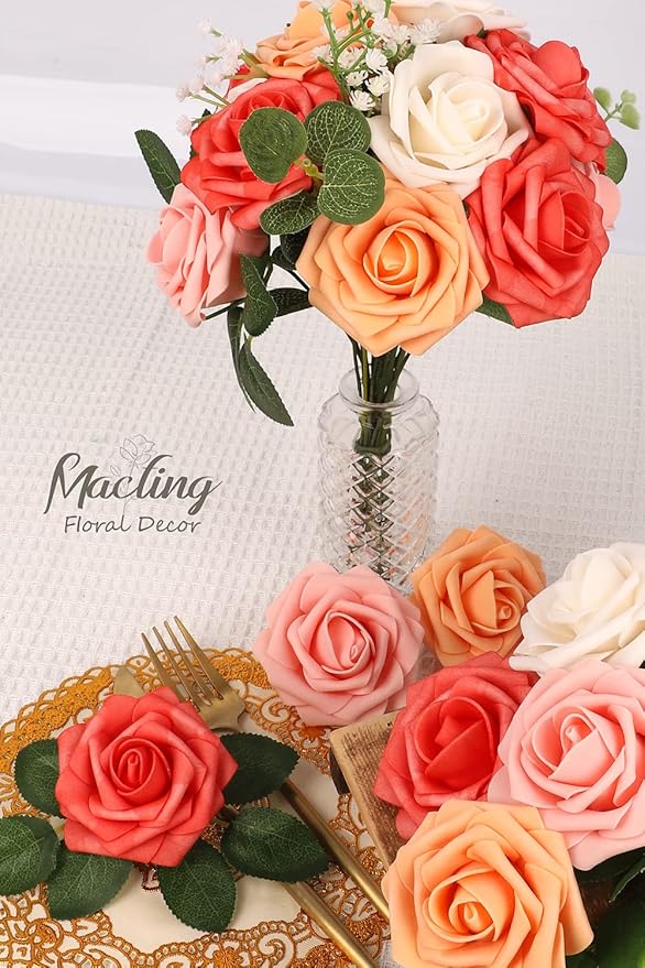 MACTING 30PCS Artificial Rose Flowers Real Touch Fake Flowers with Stem Foam Roses for DIY Wedding Bouquet Table Centerpieces Party Baby Shower Home Party Spring Valentines Day Decor(Mix Coral Series)