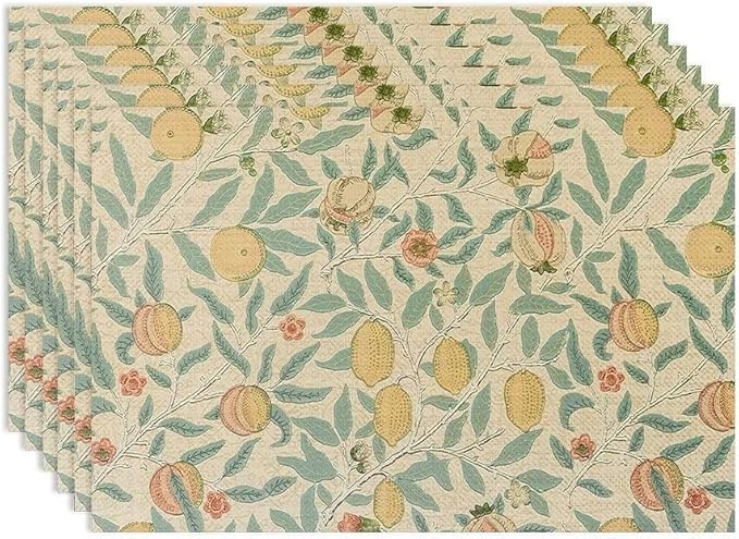 Vintage Floral Placemats Set of 6, William Morris Retro Fruit Boho Botanical Plant Place Mats, Heat Resistant Non Slip Cotton Linen Dining Table Mats for Home Kitchen Party 18x12 Inch