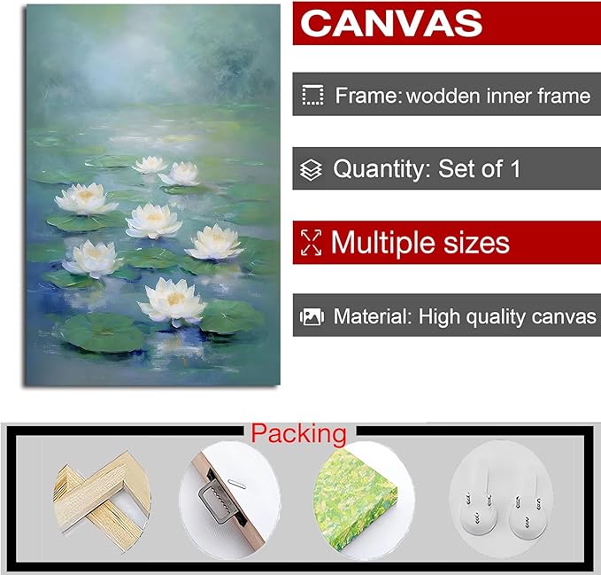 Zen wall art Delicate white lotus flower floating on calm water Vintage oil painting print Serene aquatic wall art creates a tranquil home decor 12x18in Wood Framed