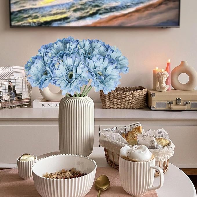Daisy Flowers Artificial Flowers Blue Silk Flowers Gerber Daisy Artificial 10PCS Fake Daisies 17.7in Faux Daisies for Wedding Bridal Bouquet Party Home Kitchen Decor(Blue)