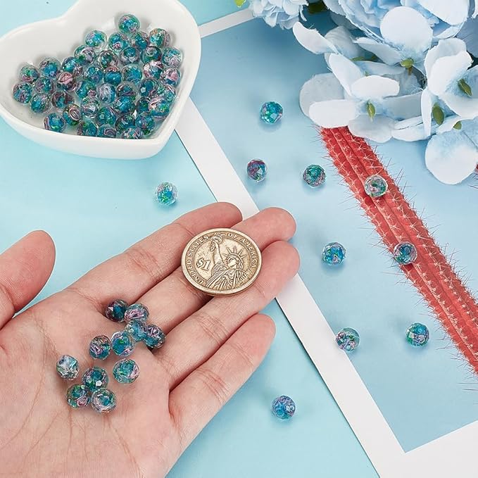 PH PandaHall 70pcs 6~8mm Gold Sand Lampwork Beads Glass Handmade Round Loose Beads for Rosary Making Jewelry Craft Making with 2mm Hole - Dodger Blue