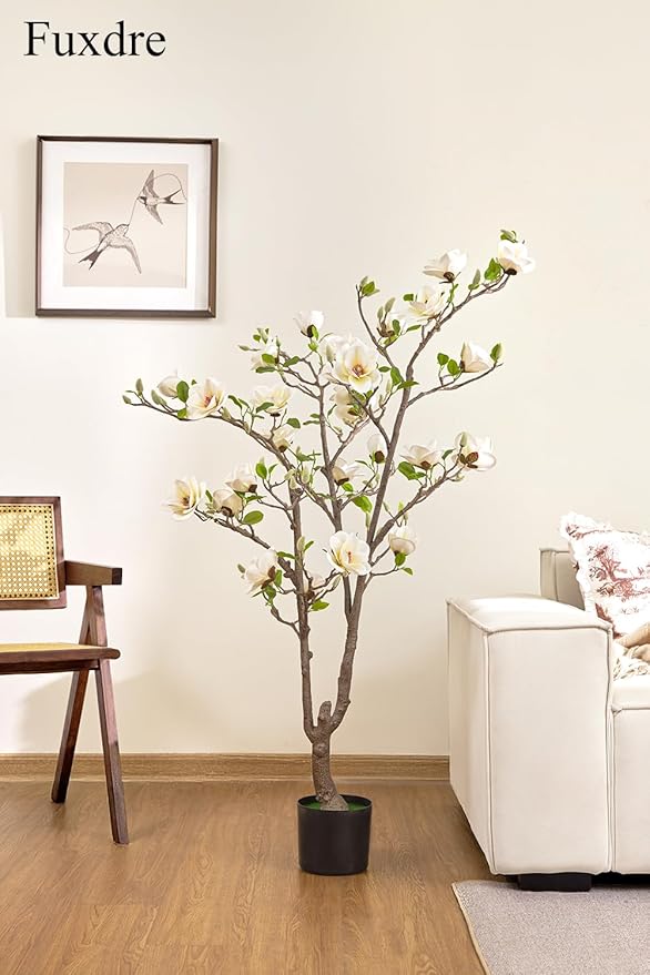 Artificial Magnolia Tree, 4.9 ft Tall Fake Indoor Tree, Faux Magnolia Tree is Realistic Real Touch Leaves and Flowers Perfect for Home Decor, Living Room, Floor and Wedding(White)