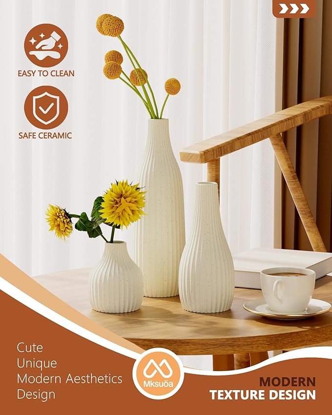 Decorative Flower Vase Set of 3 - Modern Boho Style Beige Vases,Ribbed Textures Ceramic Vase for Home Decor Shelf Bookshelf Mantle TV Stand Entryway Console,Dining Table Centerpiece Decor