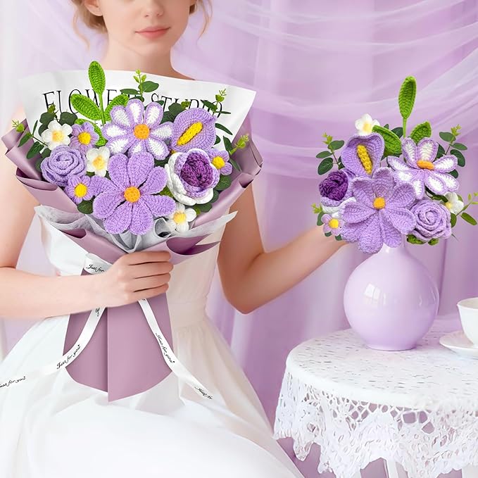 ICX Crochet Flowers Bouquet with Lights,Handmade Knitted Roses Flowers,Gesang Flower,Crochet Heart, Crochet Gift for Wedding, Birthday, Anniversary, Mother’s Day for Her, Girlfriend, Wife(Purple)