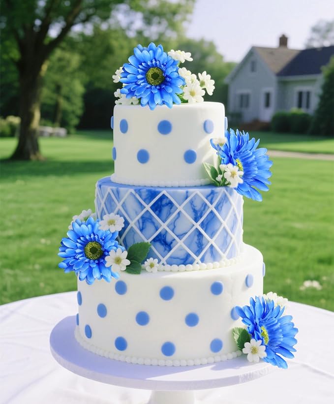 IPOPU 2 Bundles Artificial Gerbera Daisy Flowers 14 Heads Blue Fake Daisy with Stems Faux Silk Daisy Flowers for Wedding Bridal Bouquet Party Floral Arrangements Table Centerpiece Decor (Blue)