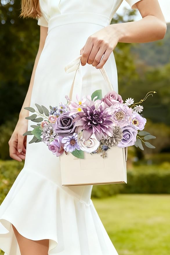 Purple Artificial Flowers Combo Box Set Silk Flowers Fake Rose for DIY Floral Arrangements Wedding Bouquets Centerpieces Baby Shower Party Home Decorations