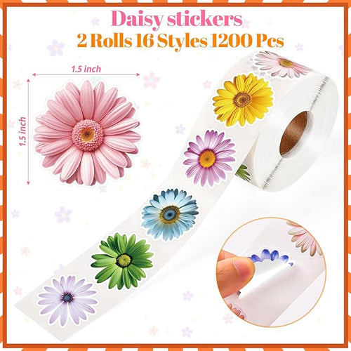 1200 PCS Daisy Stickers Cute Flower Stickers Roll for Kids Sun-Proof Flower Roll Sticker for Scrapbooks, Water Bottle, Present Boxes Decorations (16 Styles)