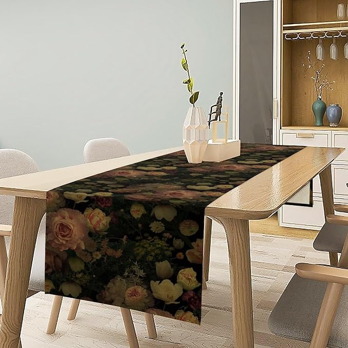 Vintage Floral Table Runner,Pink Flowers Rose Gothic Print Table Runner for Home Kitchen Table Dining Indoor Outdoor Party Decor 13x36 Inch