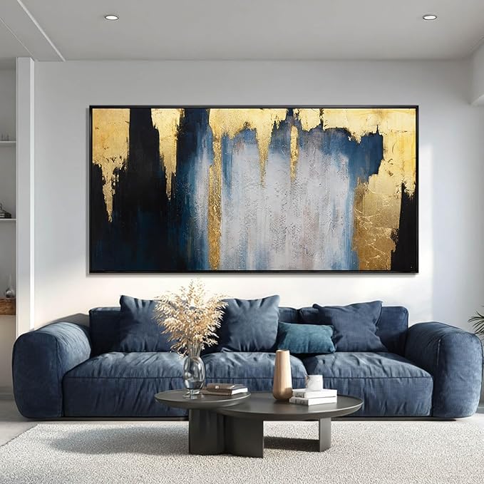 WINKAILIN Blue and Gold Abstract Canvas Wall Art with Frame Modern 29x58 Large Painting Minimalist Artwork for Living Room Bedroom Dining Room Decor