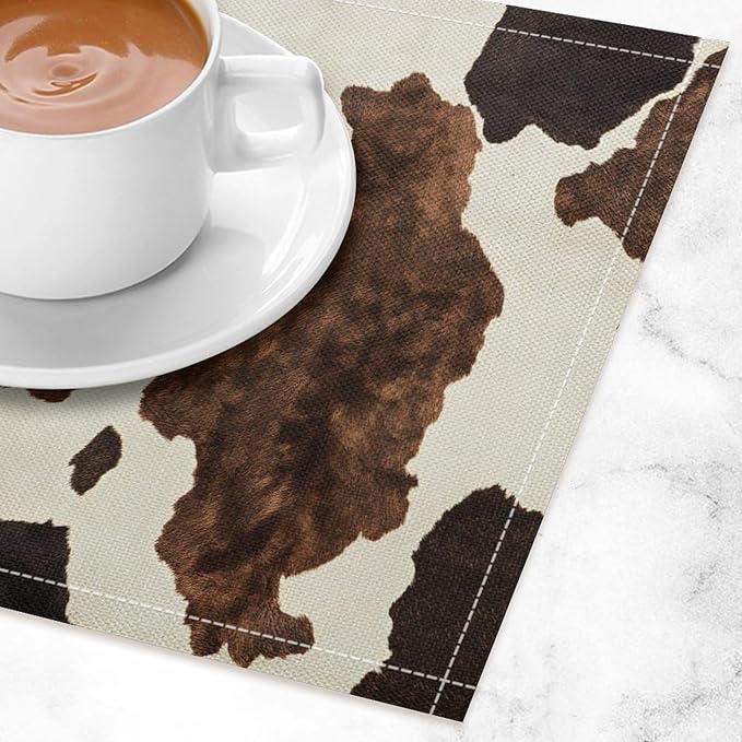 Cow Print Placemats Set of 4 Western Rustic Farmhouse Animal Fur Print Art Printed Dining Table Mats for Restaurant Home Kitchen Holiday Decor 12x18in