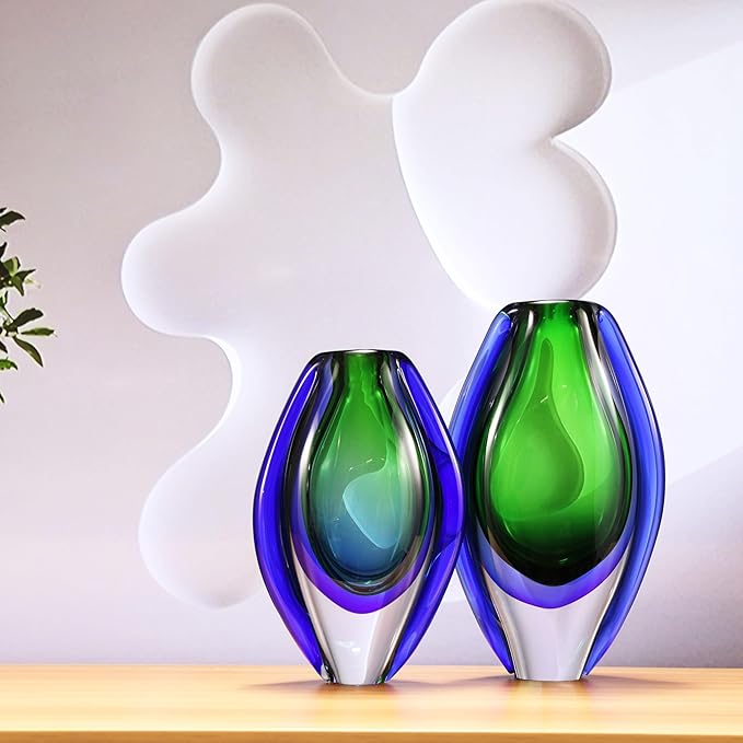 Luxury Lane Hand Blown Sommerso Oval Art Glass Vase for Decor 8.5 inch Tall Centerpiece Table Decoration Emerald Green