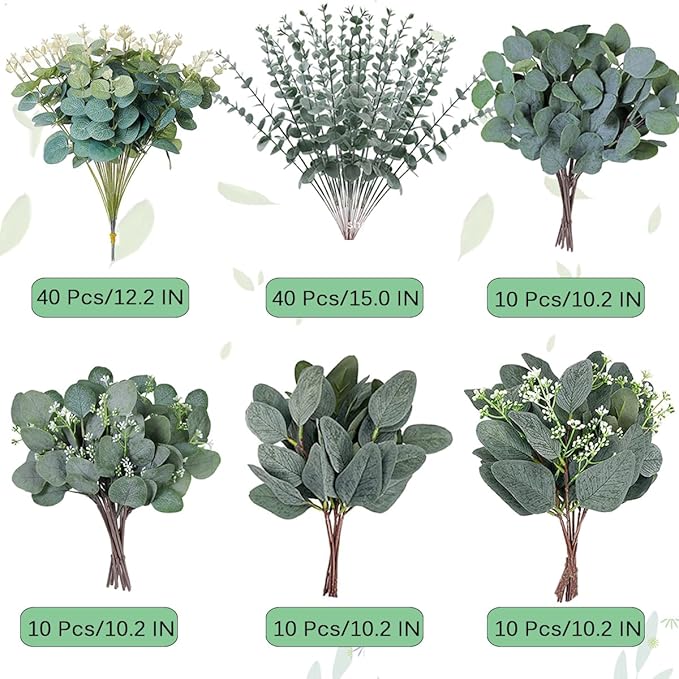 120 Pcs 6 Kinds Mixed Eucalyptus Leaves Stems Bulk Artificial Silver Dollar Leaves Picks Dried Eucalyptus Bundle Faux Spray for Wedding Vase Bouquet Decor (Eucalyptus Leaves Stems-120)