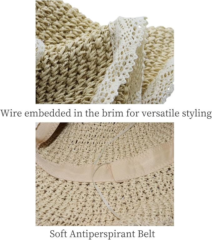 Ladies Wide Brim Beach Straw Hat Summer Vacation Sun Protection Hat Braided Lace Edge Hat Soft Foldable Lightweight