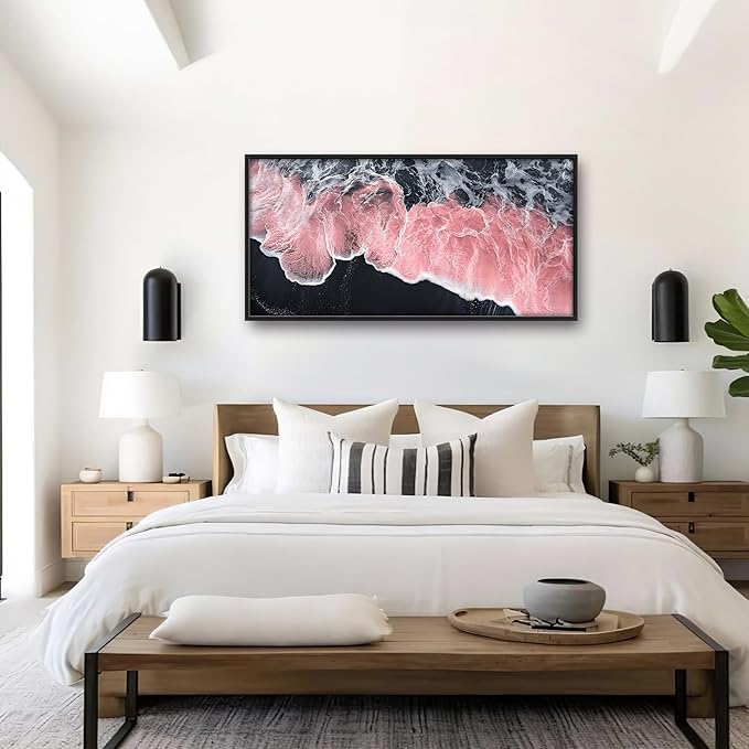 Pink Beach Large Wall Art Framed Black and White Wall Decor for Living Room, Beach Pictures Oversized Canvas Print Painting Modern Extra Large Framed Artwork for Bedroom Office Home Decor 60"x30"