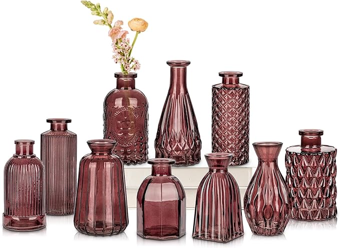 Glass Bud Vases Set of 10, Wine Red Small Flower Vase in Bulk for Centerpieces, Mini Vintage Vases for Rustic Wedding Vintage Home Table Decor