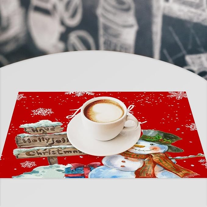 Santa Claus Placemats Red Country Farmhouse Winter Christmas Snowflake Cute Snowman Placemats Table Kitchen Dining Party 12x18 Inch Set of 6