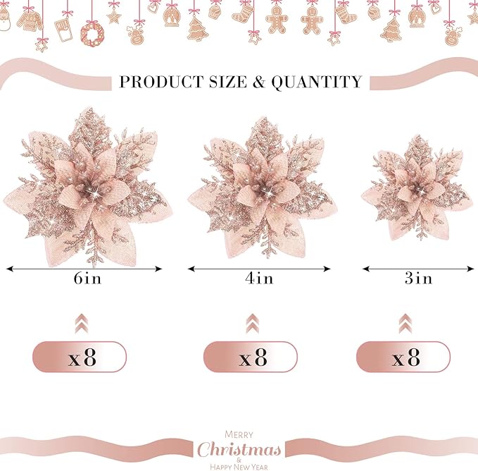 Geosar 24 Christmas Glitter Artificial Poinsettia Flowers Xmas Poinsettia Artificial Wedding Flowers Decorations Xmas Tree Ornaments with Clips for Party Favors, 6 Inch, 4 Inch, 3 Inch (Rose Gold)