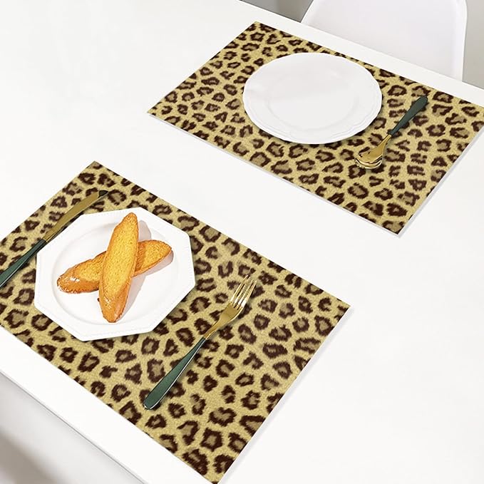 Placemats Set of 4 Waterproof Oilproof Table Mats Leopard Print Pattern Washable Wipeable Heat Resistant Easy to Clean for Indoor Outdoor Party Kitchen Dining Table Decoration 12 * 18in