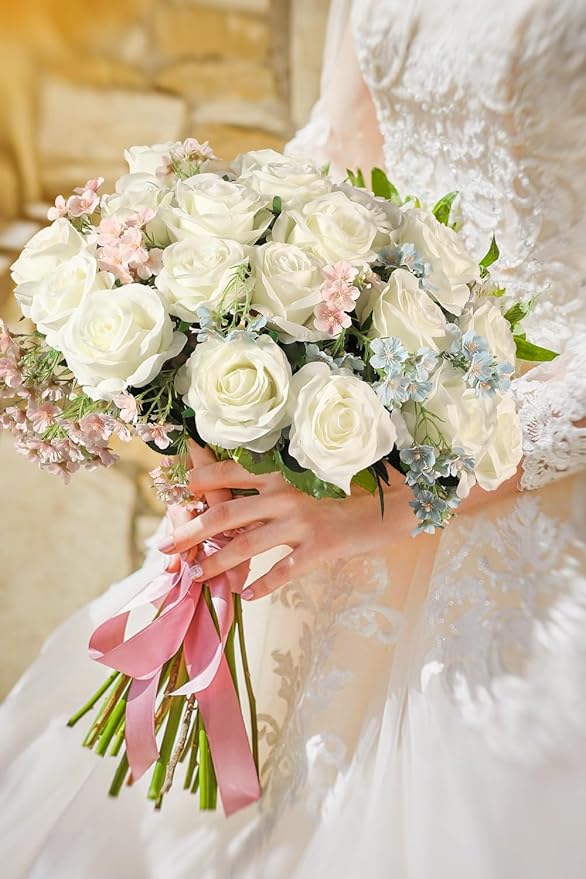 Luyue 10PCS Artificial Roses Flower with Stems Slik Fake Flowers Bouquet Realistic Long Stem Faux Rose for Wedding Home Decor
