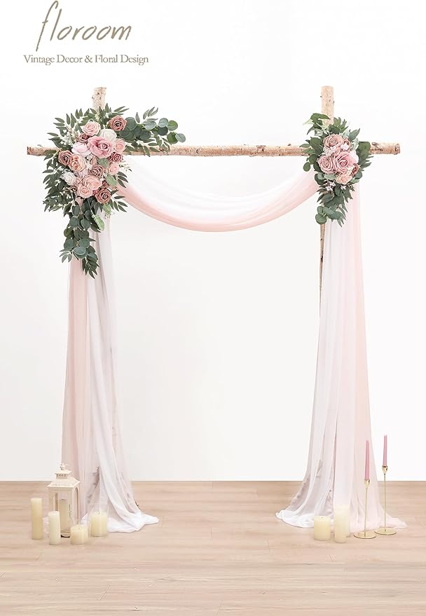 Floroom Arch Flowers with Drapes Kit (Pack of 4) - 2pcs Artificial Dusty Rose & Blush Floral Swag Arrangement with 2pcs Draping Fabric for Wedding Ceremony Arbor and Reception Backdrop Decoration