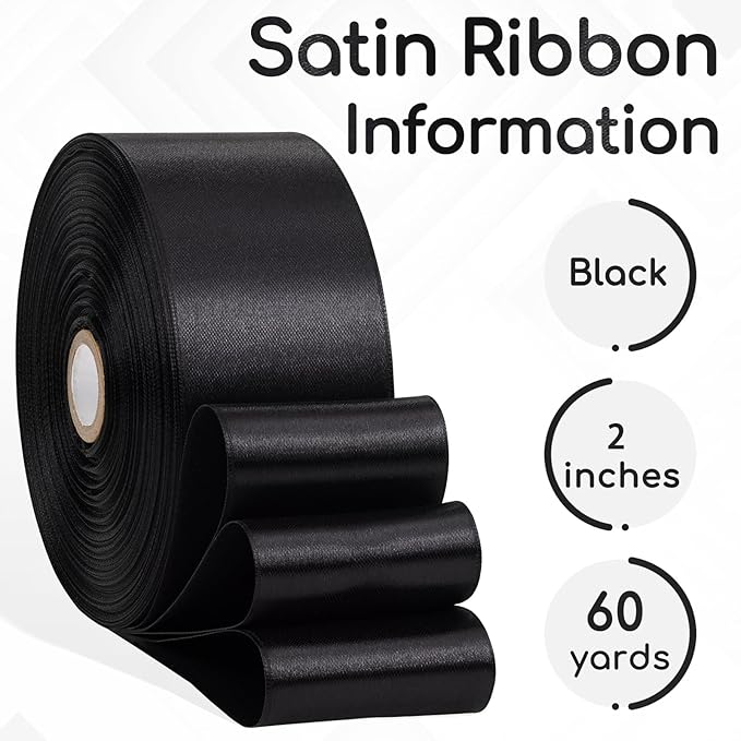 Black Ribbon 2 Inch, 60 Yards Black Satin Ribbon for Flower Bouquet, Crafts, Gift Wrapping, Birthday Party, Bows, Wedding and Halloween Decor