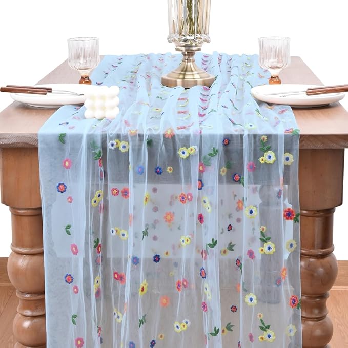 Joanlody 3pcs Blue Embroidery Daisy Christmas Table Runner Florals Seasonal Tulle Table Runner Holiday Kitchen Dining Table Decoration Wedding Party