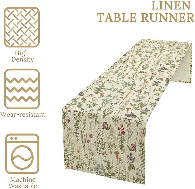 Vintage Mushroom Table Runner Rustic Farmhouse Wildflower Botanical Herbs Retro Boho Nature Plants Spring Summer Seasonal Dinner Runner for Kitchen Cabin Home Holiday Party 13x70in