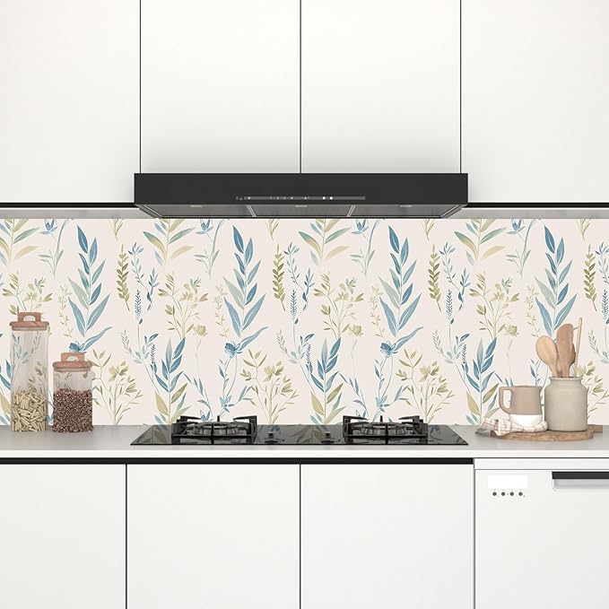 Beige Floral Leaf Peel and Stick Boho Removable Blue Green Botanical Wallpaper 17.5" x 118" Light Mural Waterproof Contact Paper for Walls Bedroom Bathroom Cabinet Room Decor