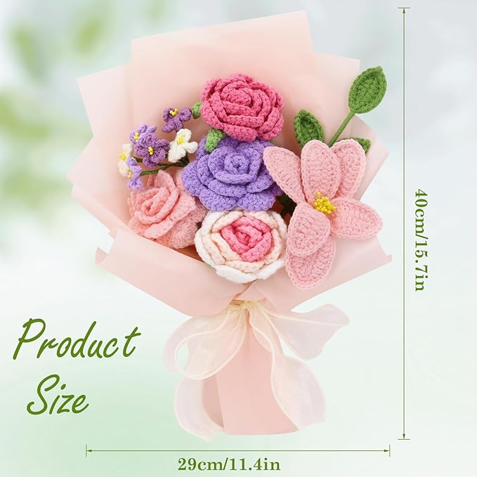Crochet Flowers,Finished Bouquet Crocheted Cotton Thread Flowers, Handmade Crochet Rose Tulip Fern Leaf as a Gift for Lover, Friends. Artificial Flower (Light Pink)