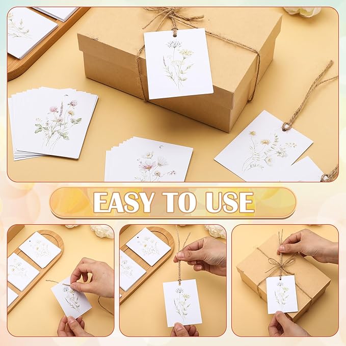 50 Set Floral Blank Gift Tags with String, 2 x 3 in Watercolor Bouquet Paper Gift Tags Set 5 Assorted Flower Designs Label Tag for Wedding Bridal Baby Shower Xmas Party Decor Supplies