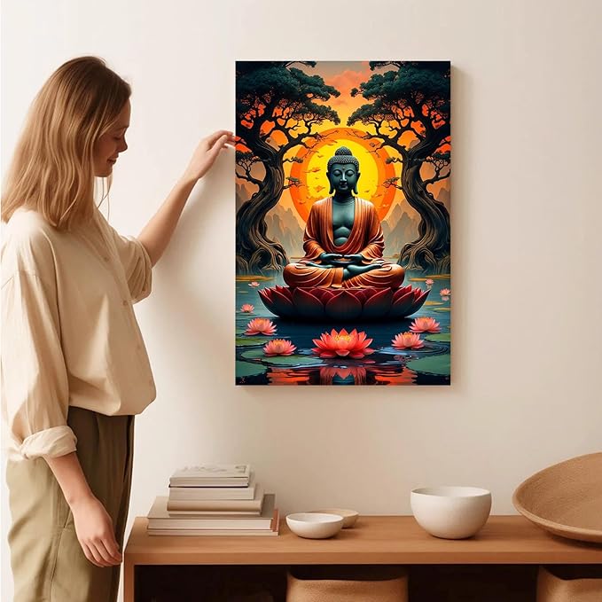 Canvas wall art Golden Buddha on lotus at sunset Ancient trees with reflections on water Serene meditation scene Uplifting wall art for mindfulness and tranquil home decor 8x12in Frameless