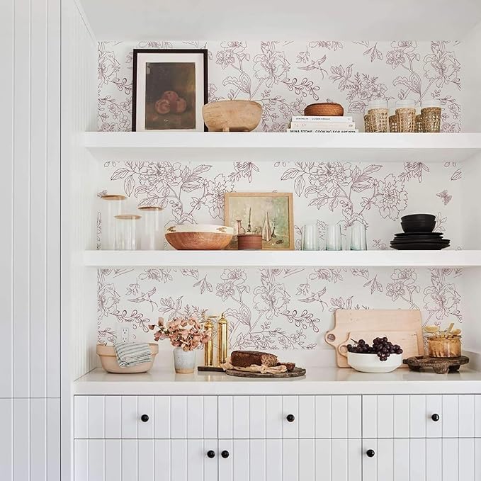 Red and White Floral Peel and Stick Wallpaper 16.9"x196.8" Vintage Floral Contact Paper Peel and Stick Bird Flower Wallpaper Self Adhesive Removable Wall Paper for Cabinets Bathroom Decorative