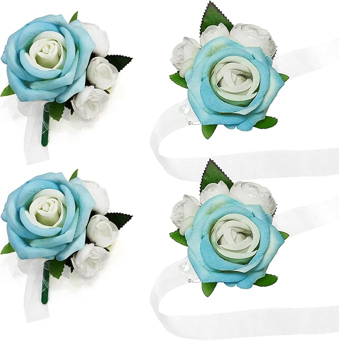 Wrist Corsage and Boutonniere Set, Artificial Rose Corsage Wristlet and Boutonniere for Wedding Prom Party (Blue, 4pcs)