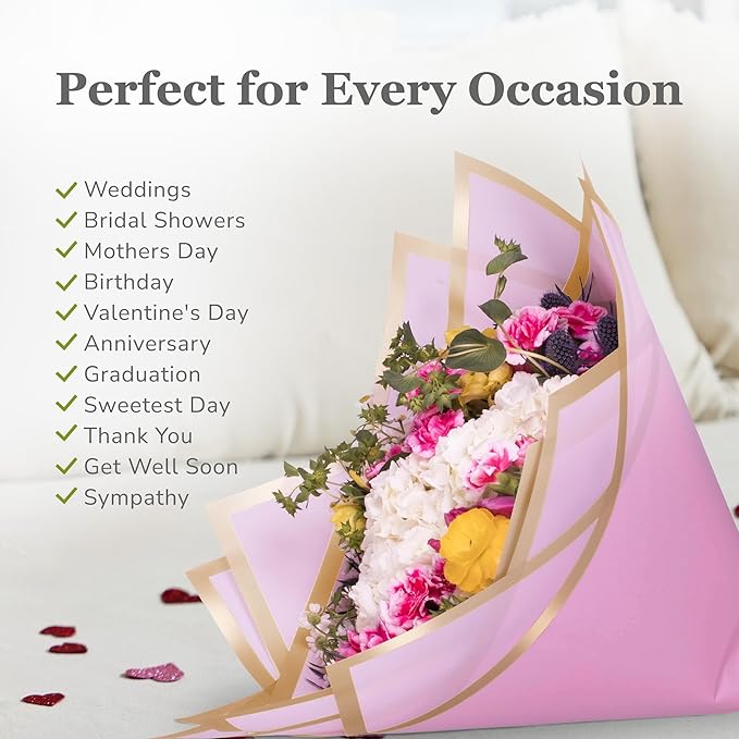 the florist Supply 20 Sheets Premium Flower Wrapping Paper | Waterproof Flower Wrapping Paper for Bouquets | Double Sided Floral Bouquet Sheets | DIY Gifts Borderline Pink/Gold