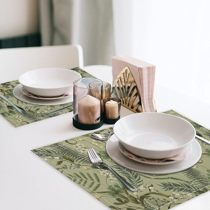 Retro Plant Placemats Set of 8, 17x12 Inch Green Leaves Retro Elegant Nature Plant Aesthetic Table Mats for Home Party Kitchen Dining Decor