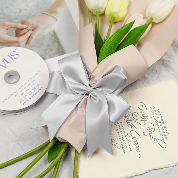 Silver Satin Ribbon, Double Faced 1-1/2 Inch X 50 Yards Silver Ribbon, Premium Satin Ribbon for Gift Wrapping, Crafts, Hair Bow Making, Sewing, Flower Bouquet, Wedding Party Decor