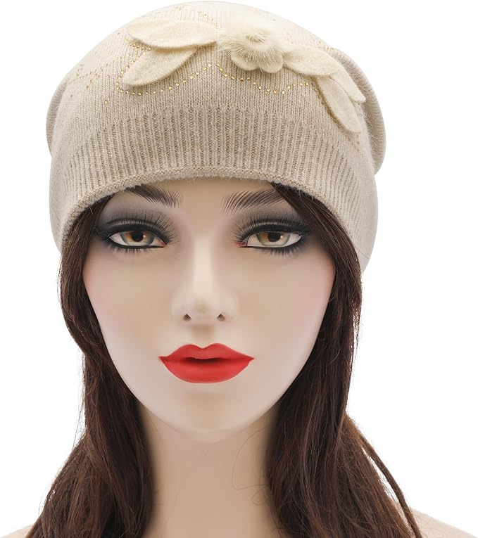 ZLYC Women Floral Slouchy Beanie Hat Double Layer Winter Knit Skull Cap