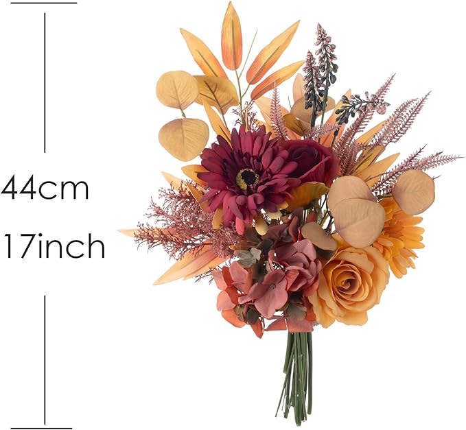 Fake Silk Flowers Bouquet Faux Centerpieces with Roses, Gerberas, Hydrangea etc, Realistic Artificial Floral Arrangements for Home Kitchen Decor