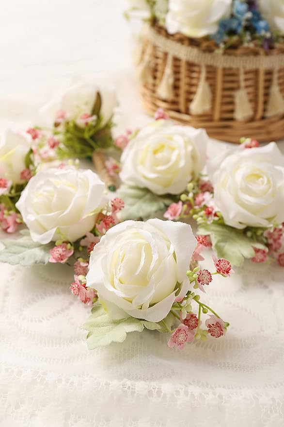 White Rose Boutonnieres for Men Wedding Baby's Breath Boutonniere for Best Men Groom Groomsmen Wedding Prom Set of 6 (6 White+Pink Boutonnieres)