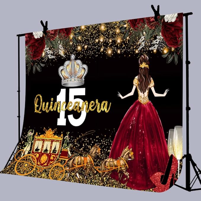 Red Dress Rose Flower Backdrops Quinceanera Birthday Backdrop for Girl Princess Happy 15th Bday Carriage Photography Props Cake Table Banner 9x6ft BJLSLU59