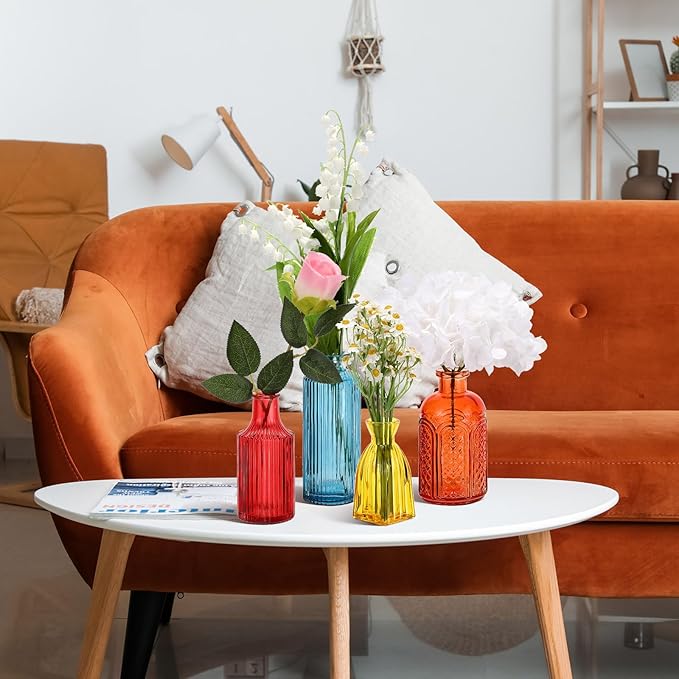 Yaomiao 60 Pcs Vases Bulk Colored Flower Glass Christmas Vases Bud Vintage Colored Glass Bottles Colorful Rustic Embossed for Home Wedding Table Decorations Gifts(Vivid Color)