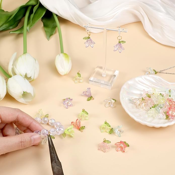 32PCS Lily Flower Charms for Jewelry Making, Multi Color Acrylic Floral Pendants, Plastic Dangle Flower Charms with Hanging Rings for Necklace Bracelet Earring DIY Crafts Decoration