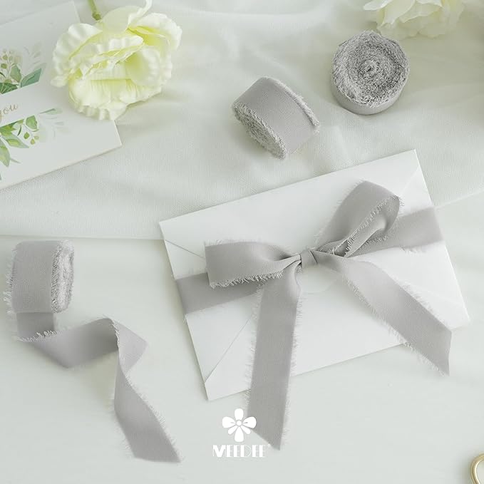 MEEDEE Silver Chiffon Ribbon 1 Inch Frayed Ribbons Gray Chiffon Silk Grey Fringe Ribbon Thin Chiffon Ribbons for Crafts, Gift Wrapping, Wedding Invitation (3 Rolls 21 Yards)